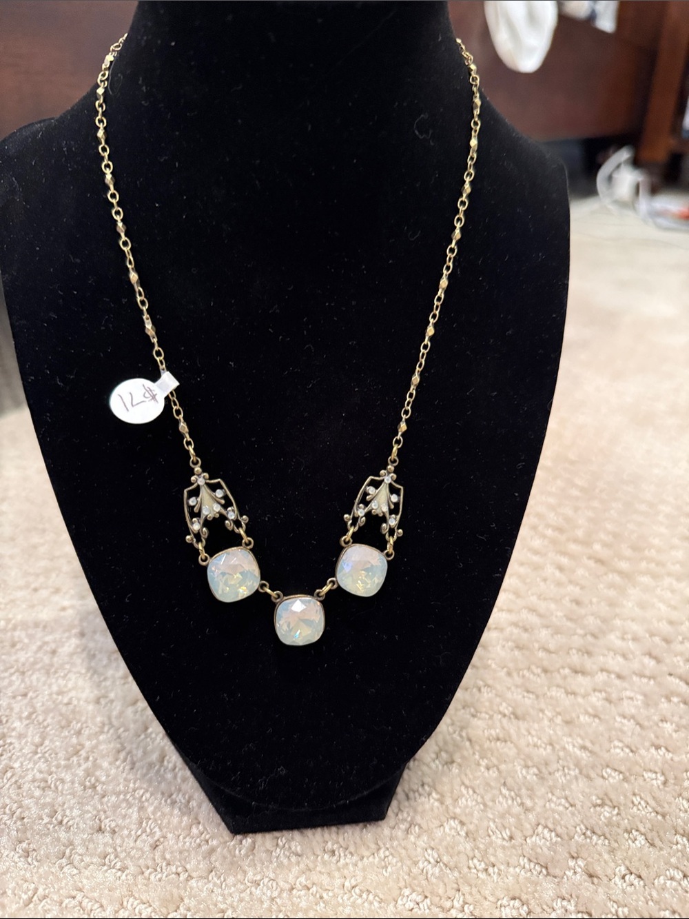 Opalescent Gold-Tone Pendant Necklace with Three Iridescent Beads